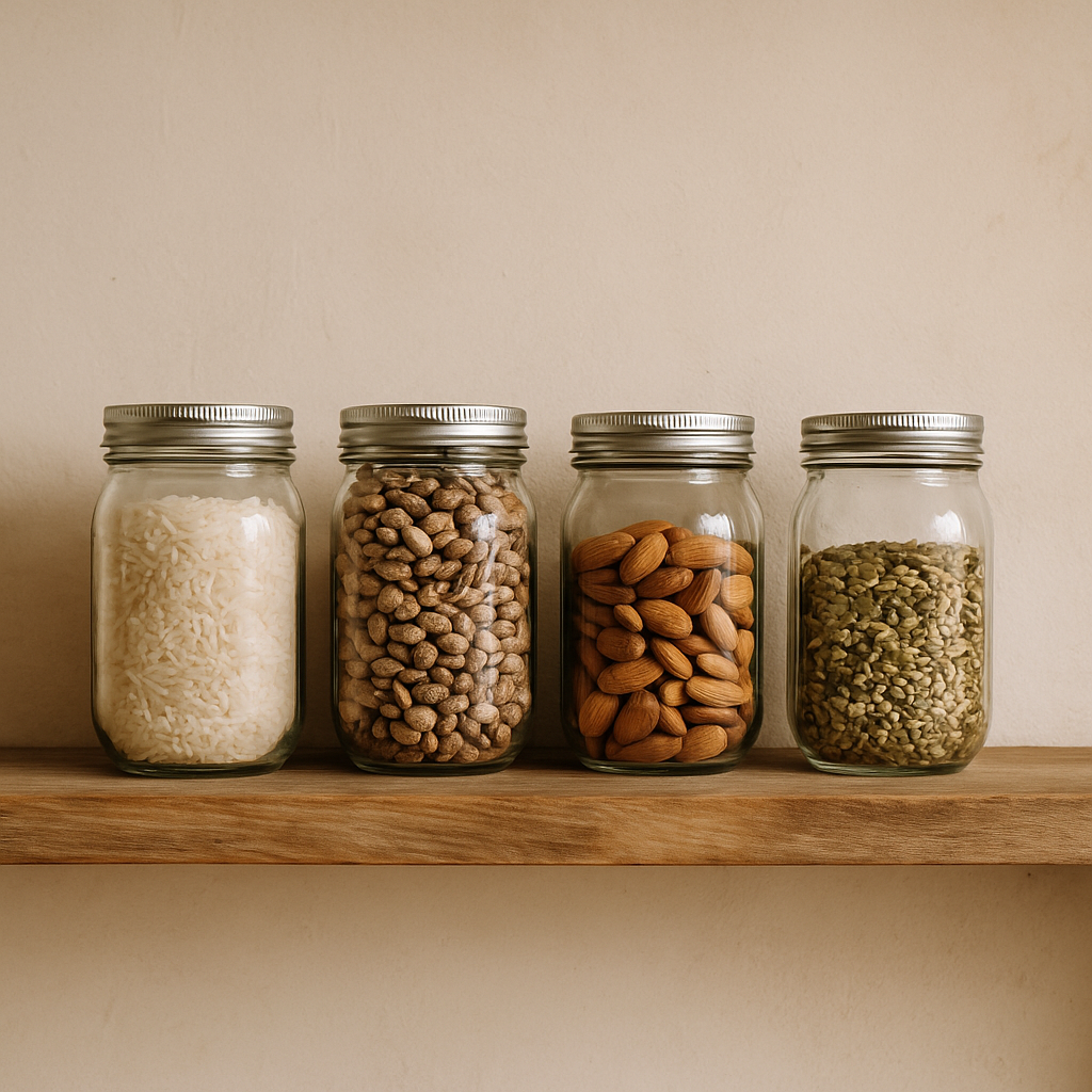 Mason jars filled with rice, beans, almonds, and seeds on a natural wood shelf